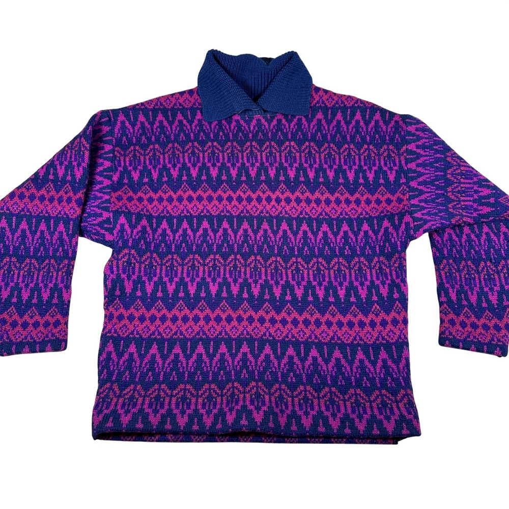 Vintage P&M Swedish Wool Sweater‎ Blue Pink Geometric Nordic Pullover Fair Isle